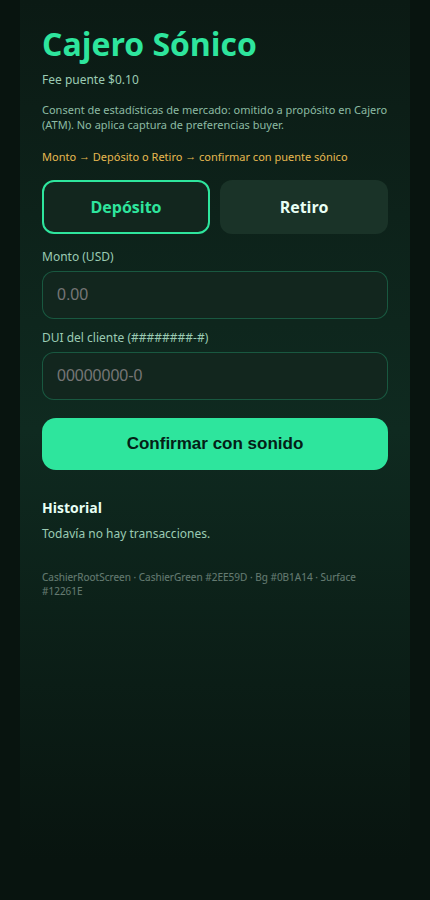 App de caja: depósito o retiro, monto en dólares, DUI del cliente y confirmación