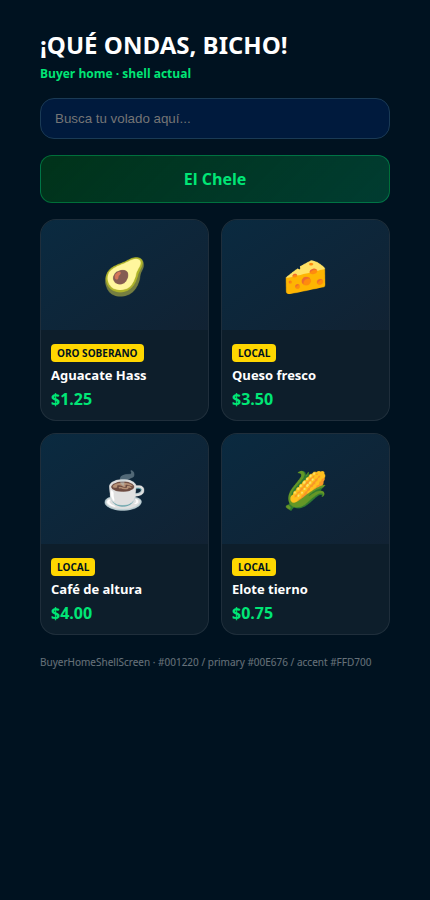 App Comprador: saludo, búsqueda y productos locales con precio en dólares