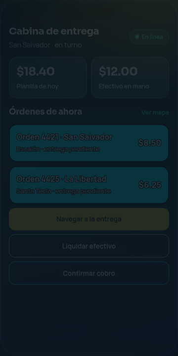App Repartidor: planilla del día, efectivo en mano y órdenes en San Salvador y La Libertad