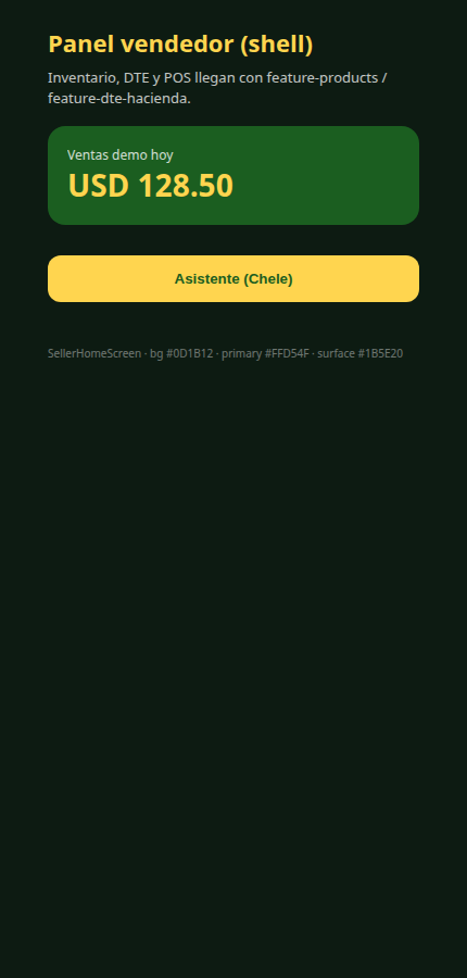 App Vendedor: panel del comercio con ventas del día y acceso al asistente